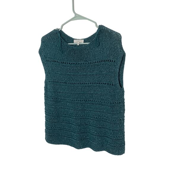 Lafayette148 Silk/Cotton Teal Open Stitch Micro Paillette CoastalGrandma Sweater - Picture 6 of 8